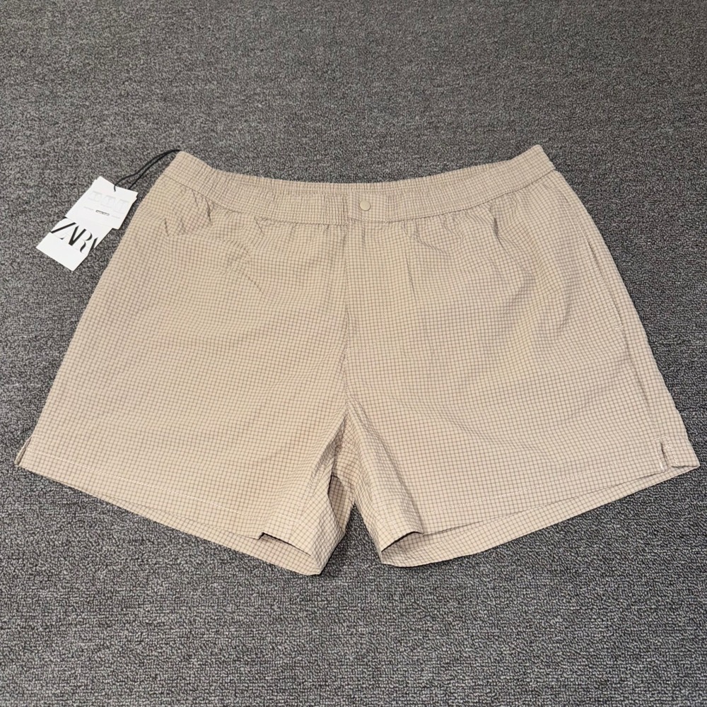 NWT ZARA Tan Micro Check Elastic Waist Shorts Size XL Activewear Casual Gorpcore